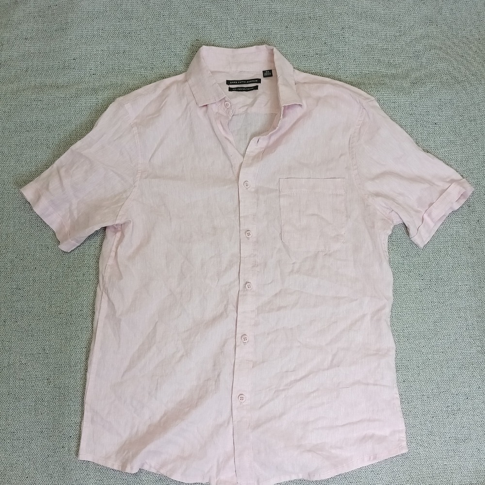 Saks Fifth Avenue Shirt Mens M Pink Excellent Linen Blend Short Sleeve Button Up
